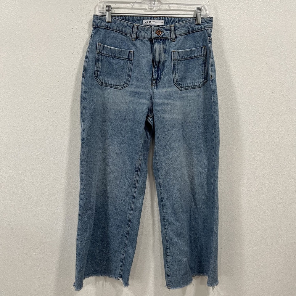 ZARA Crop Wide Leg Denim Raw Hem High Waisted Women's Size 8 Casual‎ Boho